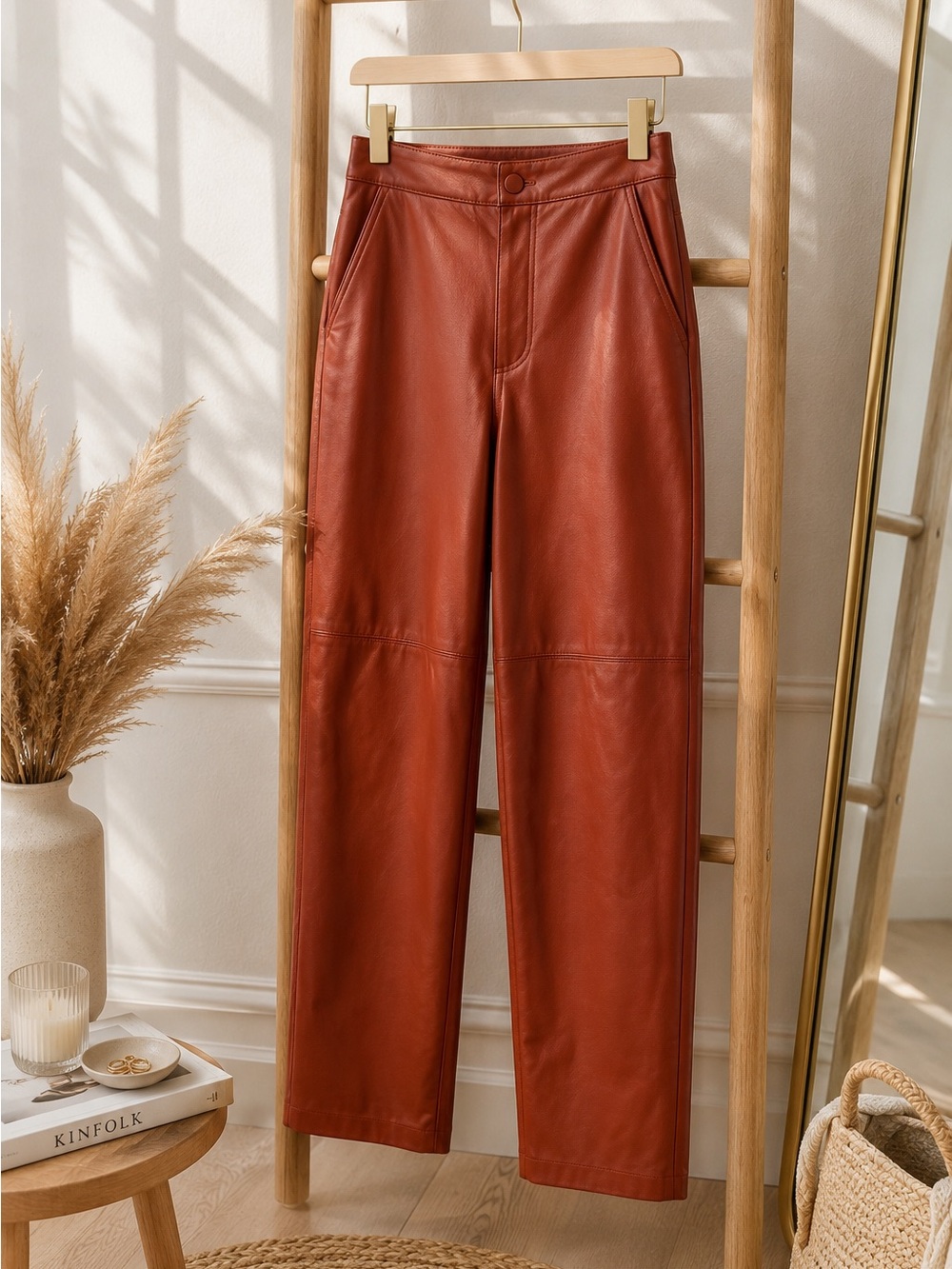 Oak + Fort Faux Leather Straight Leg Pants | Rust Brown | High Rise | Size 4